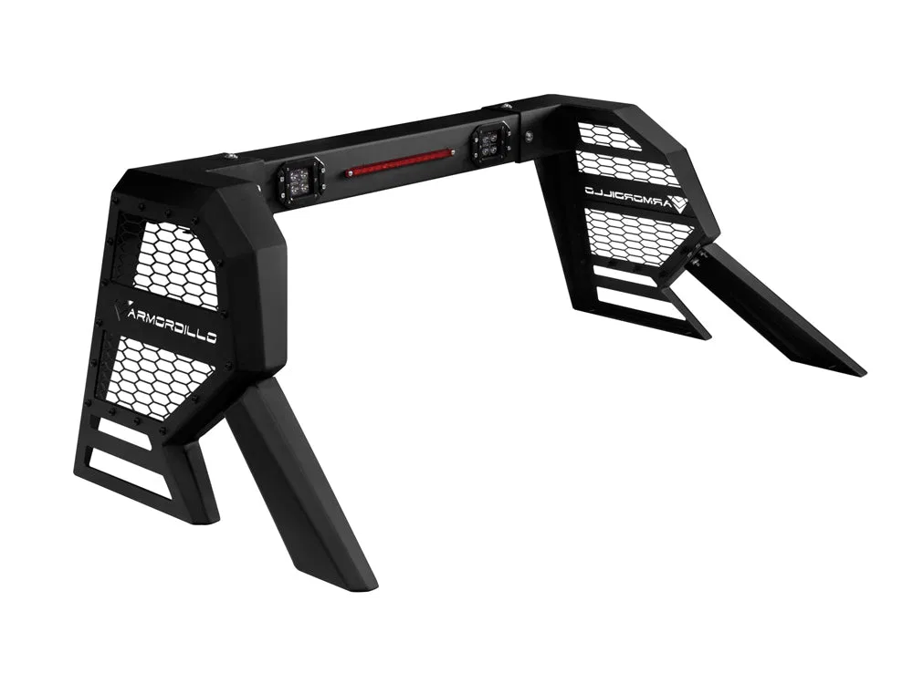 7180376 – ARMORDILLO Truck Bed Bar, Square Style With 2 LED Light/ Third Brake Light Powder Coated Black Steel